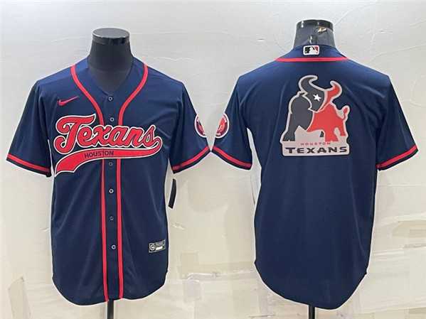 Men%27s Houston Texans Navy Team Big Logo With Patch Cool Base Stitched Baseball Jersey